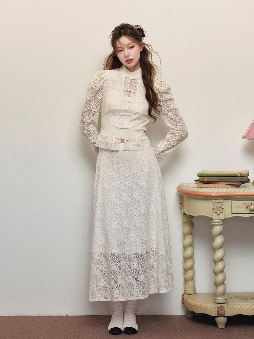 1P STUDIO White Lace Embroidered Stand Collar Frog Buttons Women&