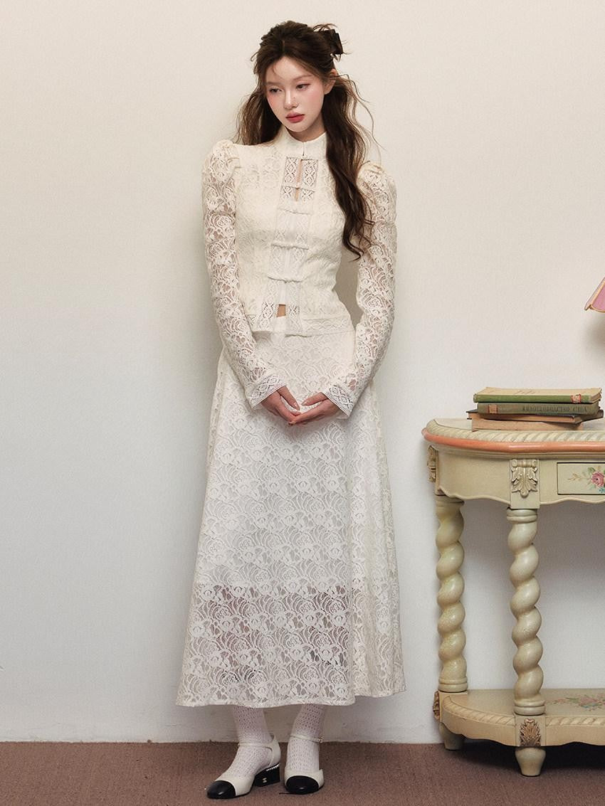 1P STUDIO White Lace Embroidered Stand Collar Frog Buttons Women&