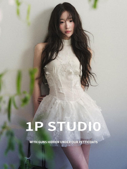 1P STUDIO White Lace Floral Cutout Waist Cinched Women&