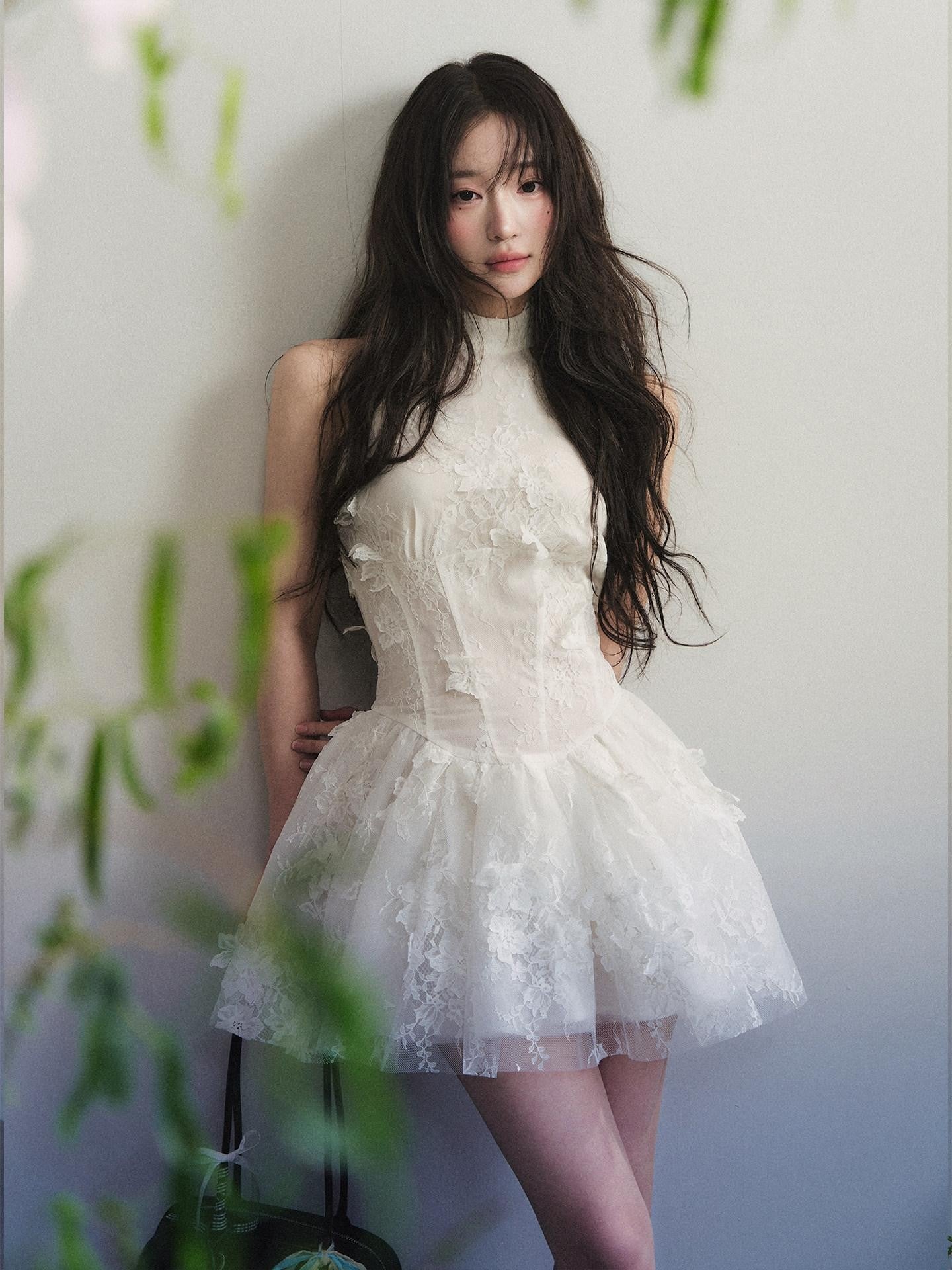 1P STUDIO White Lace Floral Cutout Waist Cinched Women&