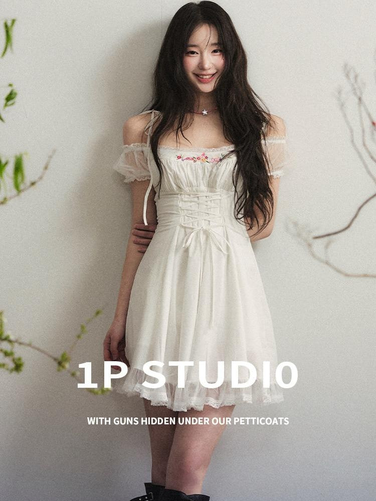 1P STUDIO White Lace Mesh Floral Embroidered Tie One Shoulder Women&