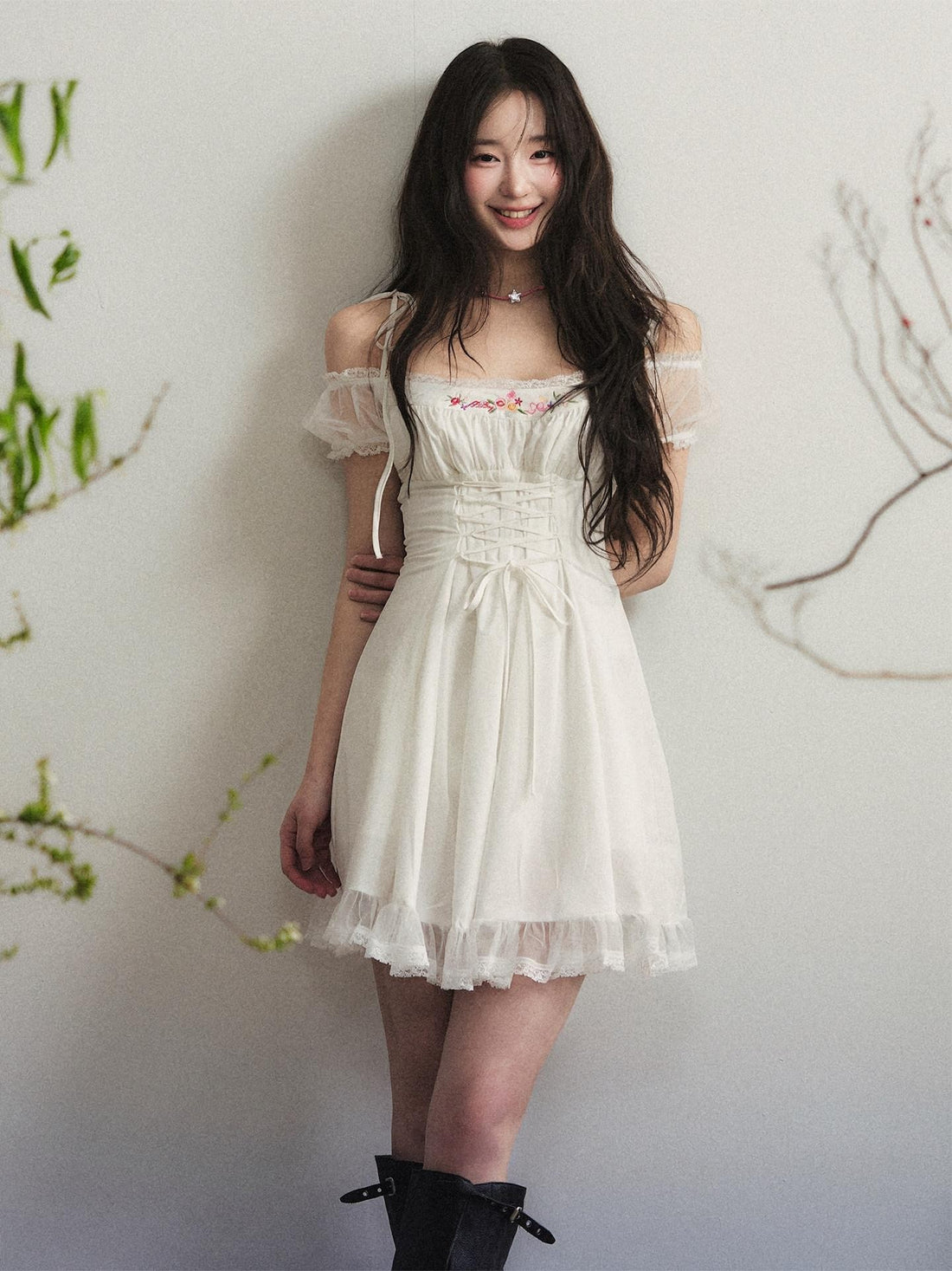 1P STUDIO White Lace Mesh Floral Embroidered Tie One Shoulder Women&