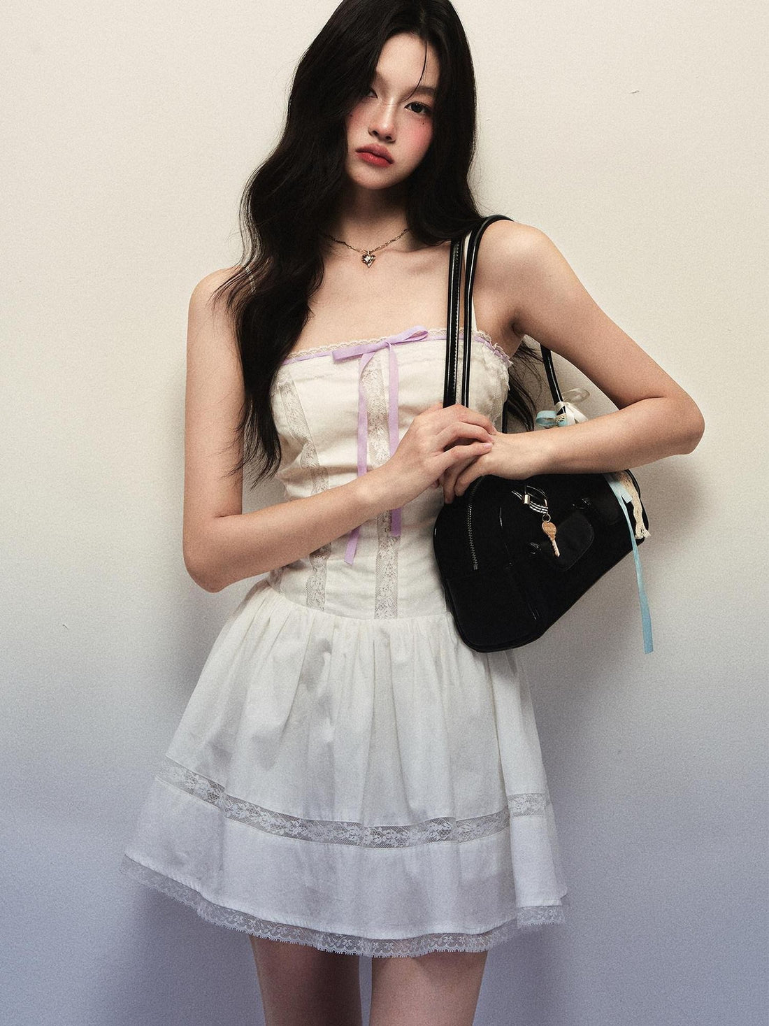1P STUDIO White Lace Trim Bow Tie Aline Spaghetti Strap Women&