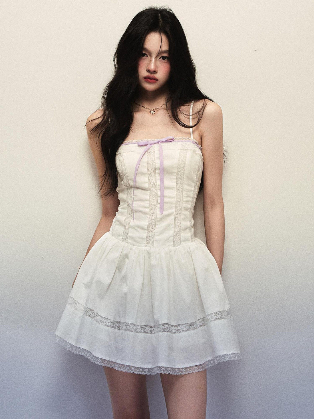1P STUDIO White Lace Trim Bow Tie Aline Spaghetti Strap Women&