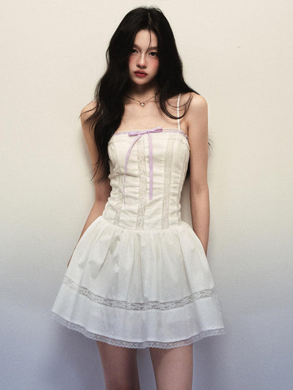 1P STUDIO White Lace Trim Bow Tie Aline Spaghetti Strap Women&