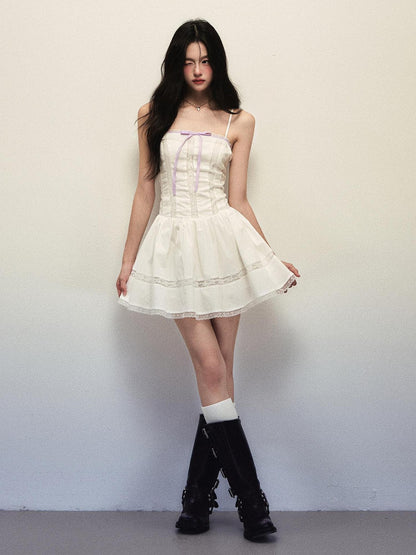 1P STUDIO White Lace Trim Bow Tie Aline Spaghetti Strap Women&