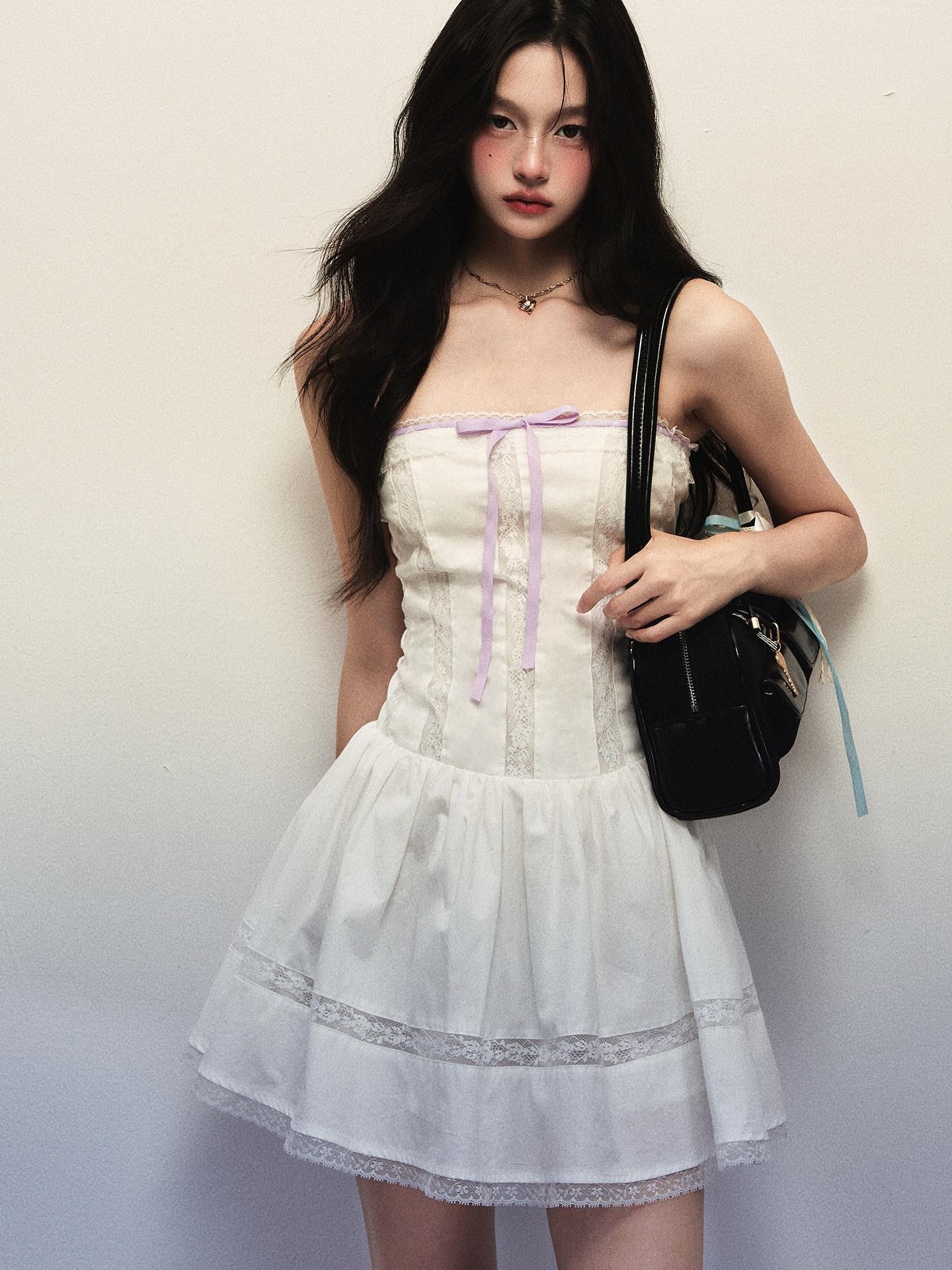 1P STUDIO White Lace Trim Bow Tie Aline Spaghetti Strap Women&