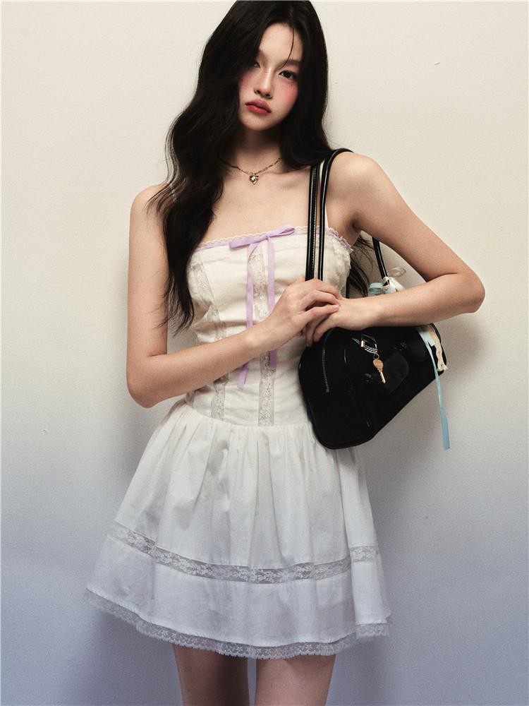1P STUDIO White Lace Trim Bow Tie Aline Spaghetti Strap Women&