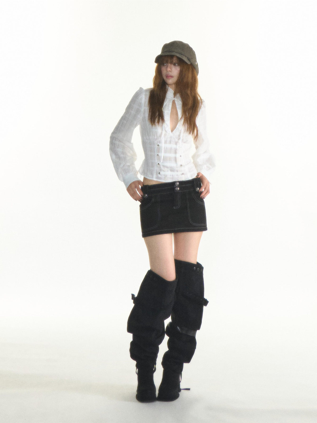 1P STUDIO White Lace Up Waist Princess Long Sleeve Women&