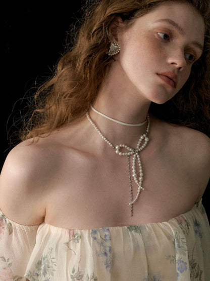 1P STUDIO White Pearl Beaded Bow Chain Leather Cord Women&