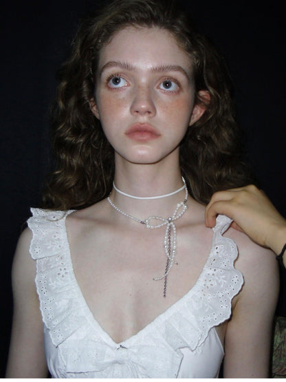 1P STUDIO White Pearl Beaded Bow Chain Leather Cord Women&