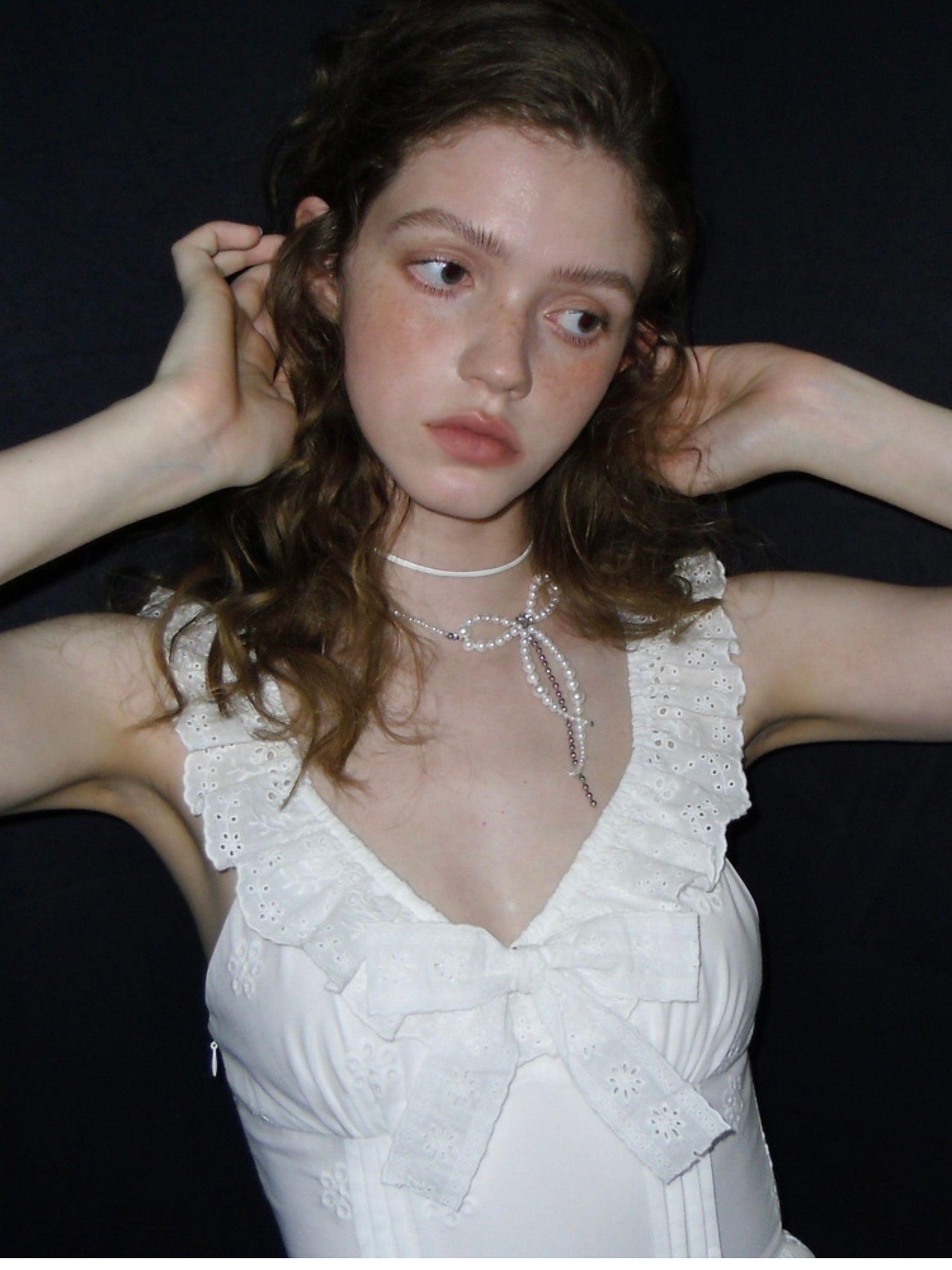 1P STUDIO White Pearl Beaded Bow Chain Leather Cord Women&