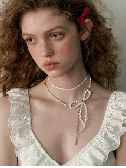 1P STUDIO White Pearl Beaded Bow Chain Leather Cord Women&