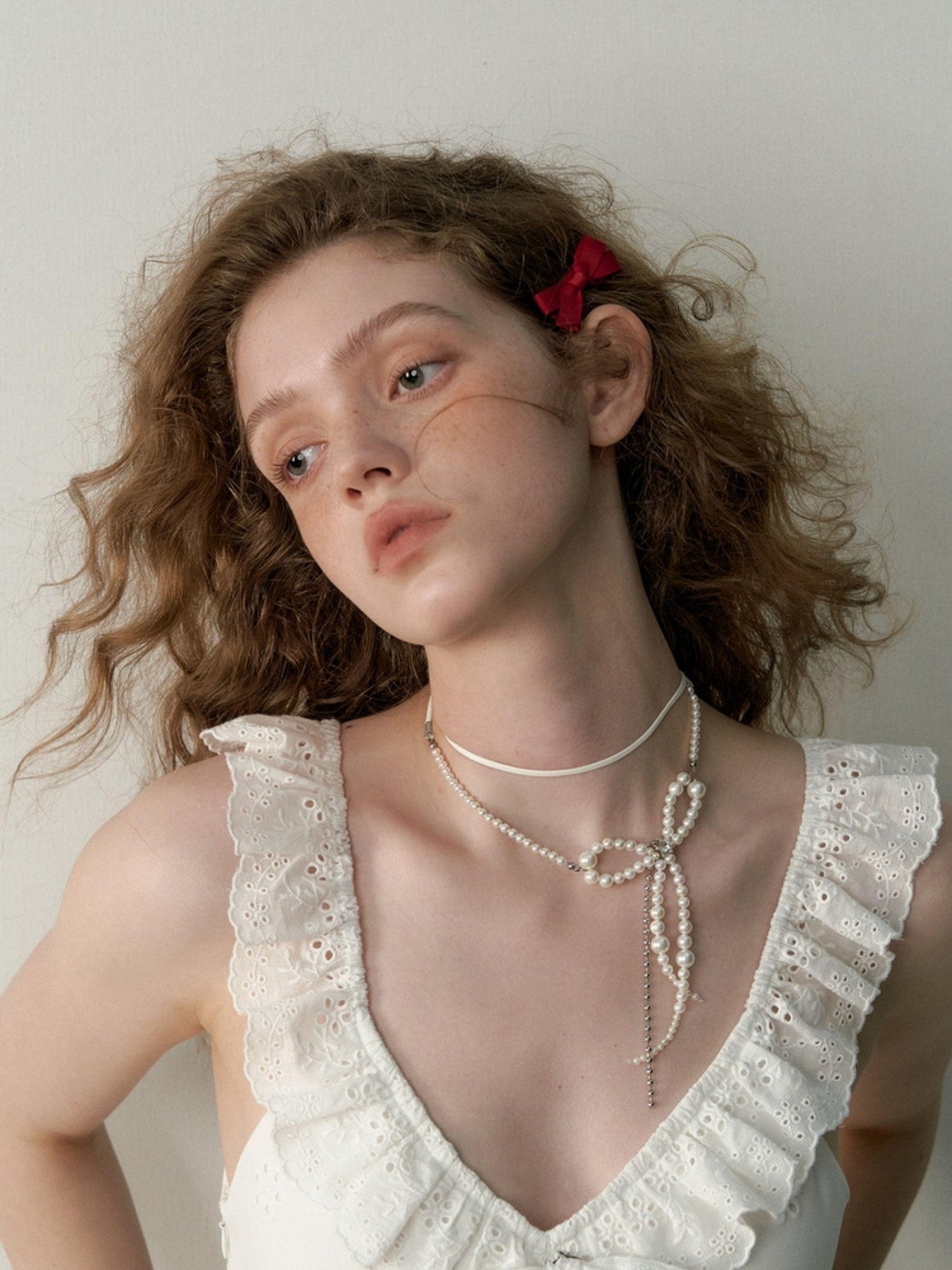1P STUDIO White Pearl Beaded Bow Chain Leather Cord Women&