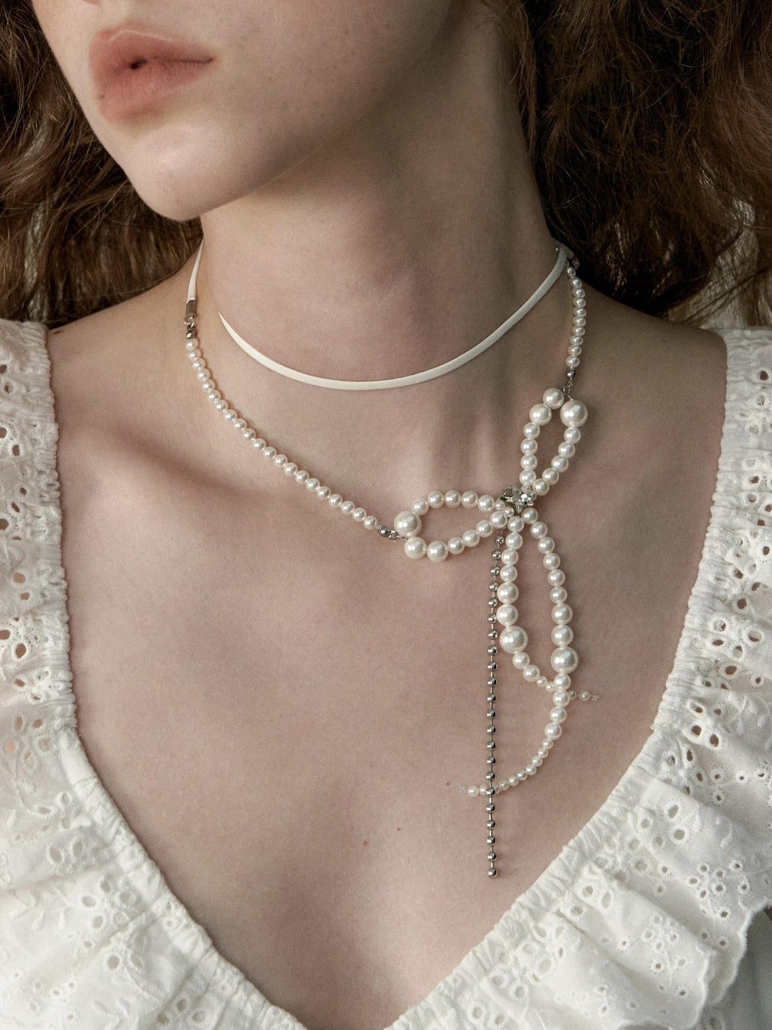 1P STUDIO White Pearl Beaded Bow Chain Leather Cord Women&