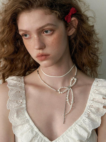 1P STUDIO White Pearl Beaded Bow Chain Leather Cord Women&