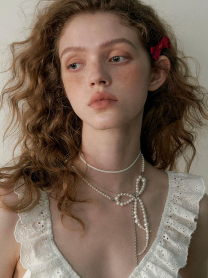 1P STUDIO White Pearl Beaded Bow Chain Leather Cord Women&