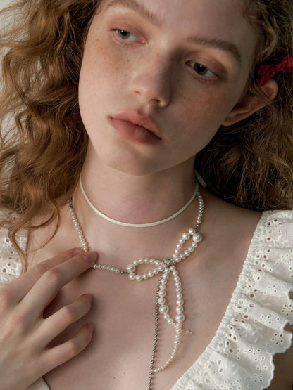 1P STUDIO White Pearl Beaded Bow Chain Leather Cord Women&