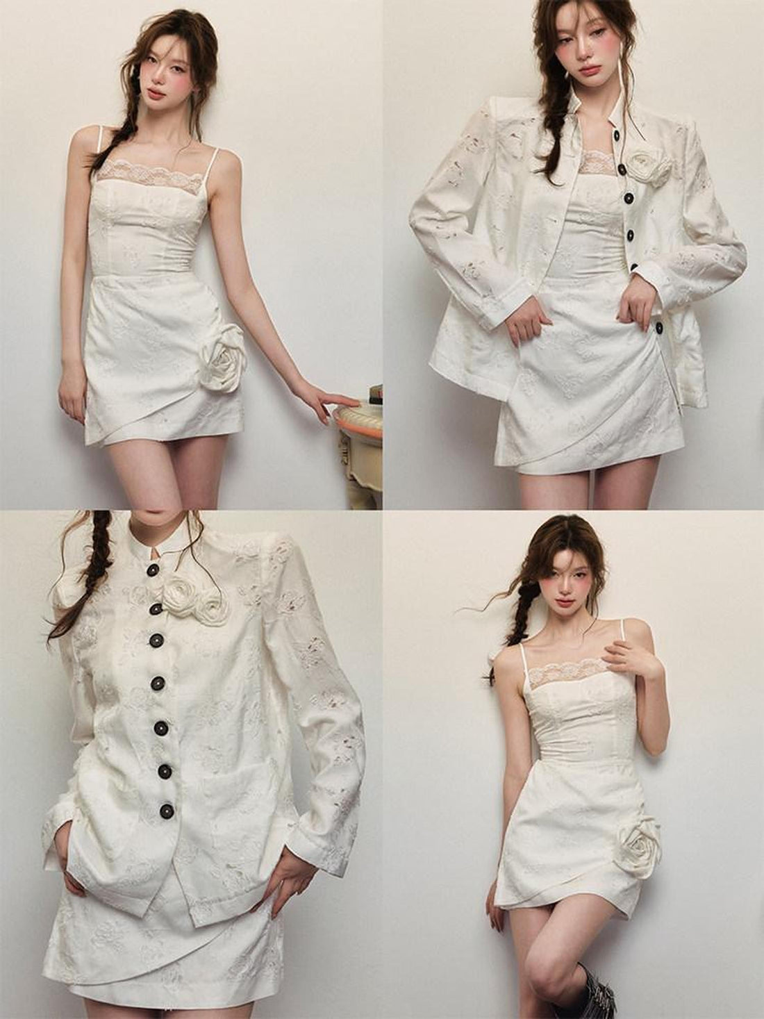 1P STUDIO White Rose Jacquard Chinese Stand Collar Long Sleeve Women&