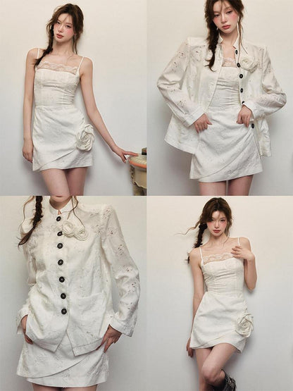 1P STUDIO White Rose Jacquard Chinese Stand Collar Long Sleeve Women&