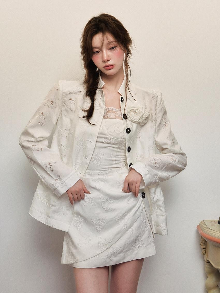 1P STUDIO White Rose Jacquard Chinese Stand Collar Long Sleeve Women&