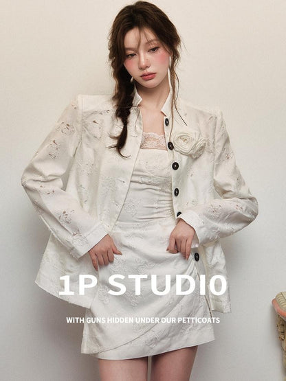 1P STUDIO White Rose Jacquard Chinese Stand Collar Long Sleeve Women&