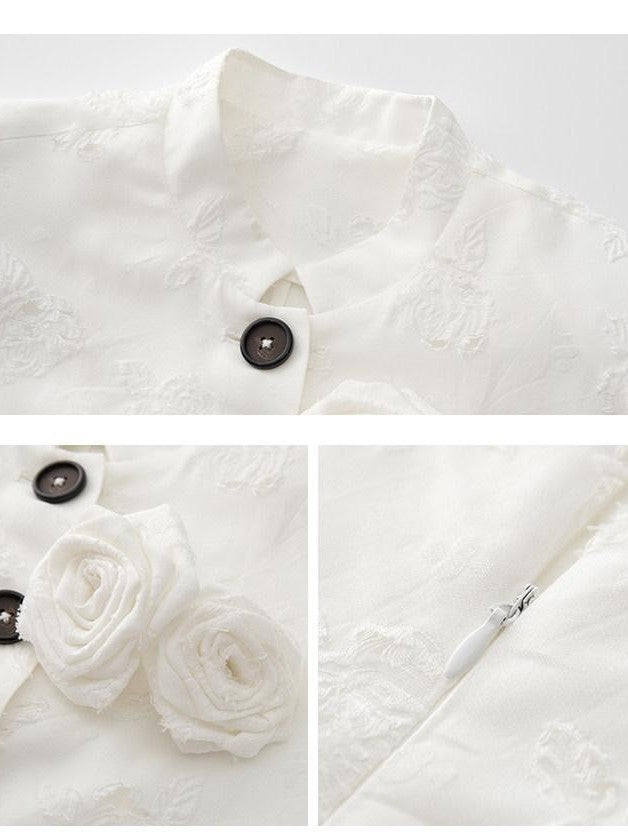 1P STUDIO White Rose Jacquard Chinese Stand Collar Long Sleeve Women&