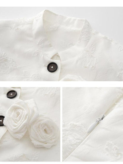 1P STUDIO White Rose Jacquard Chinese Stand Collar Long Sleeve Women&