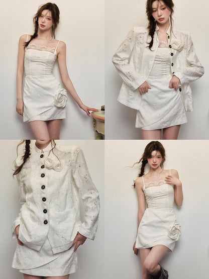 1P STUDIO White Rose Jacquard Chinese Stand Collar Long Sleeve Women&