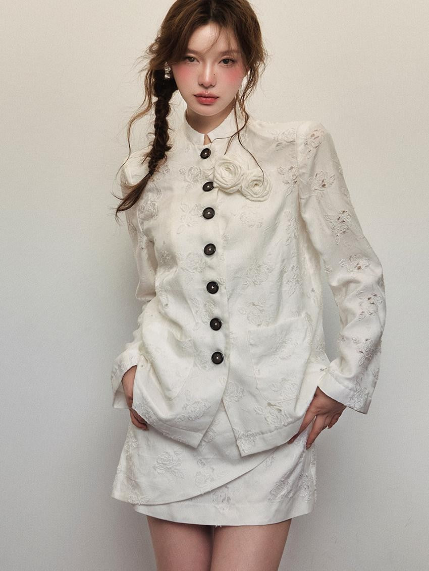 1P STUDIO White Rose Jacquard Chinese Stand Collar Long Sleeve Women&