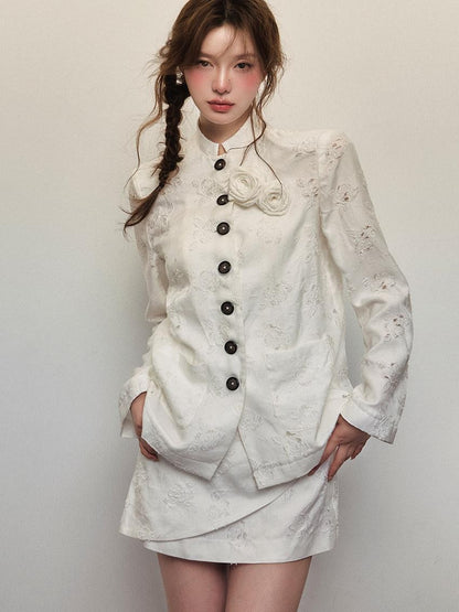 1P STUDIO White Rose Jacquard Chinese Stand Collar Long Sleeve Women&