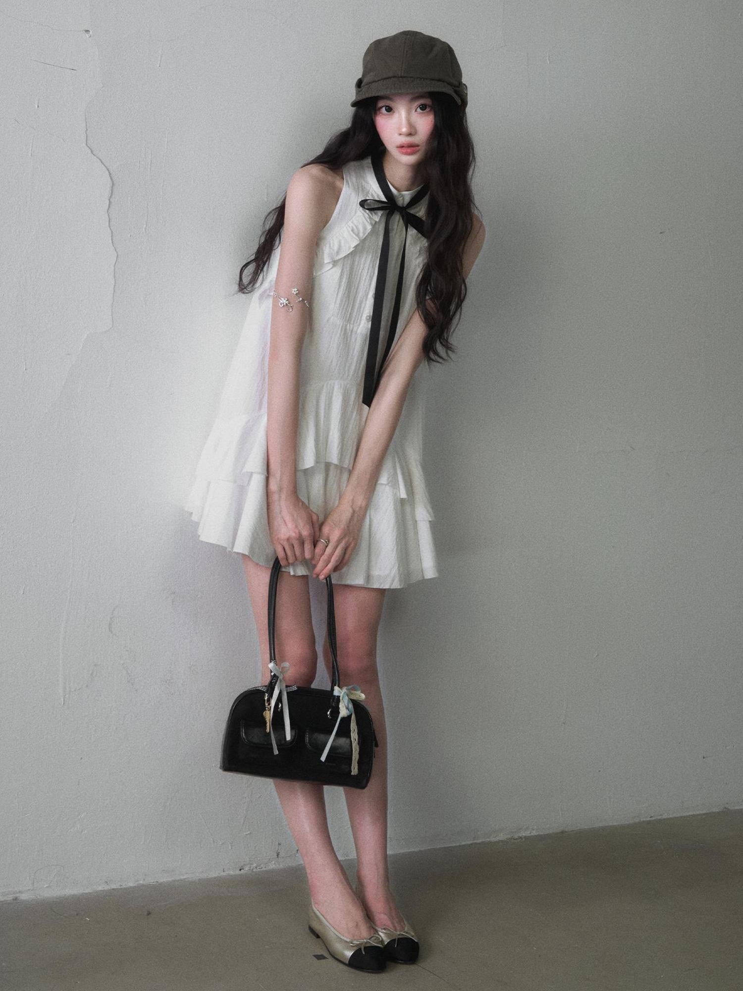 1P STUDIO White Ruffle Bow Tie Shirt Collar Women&