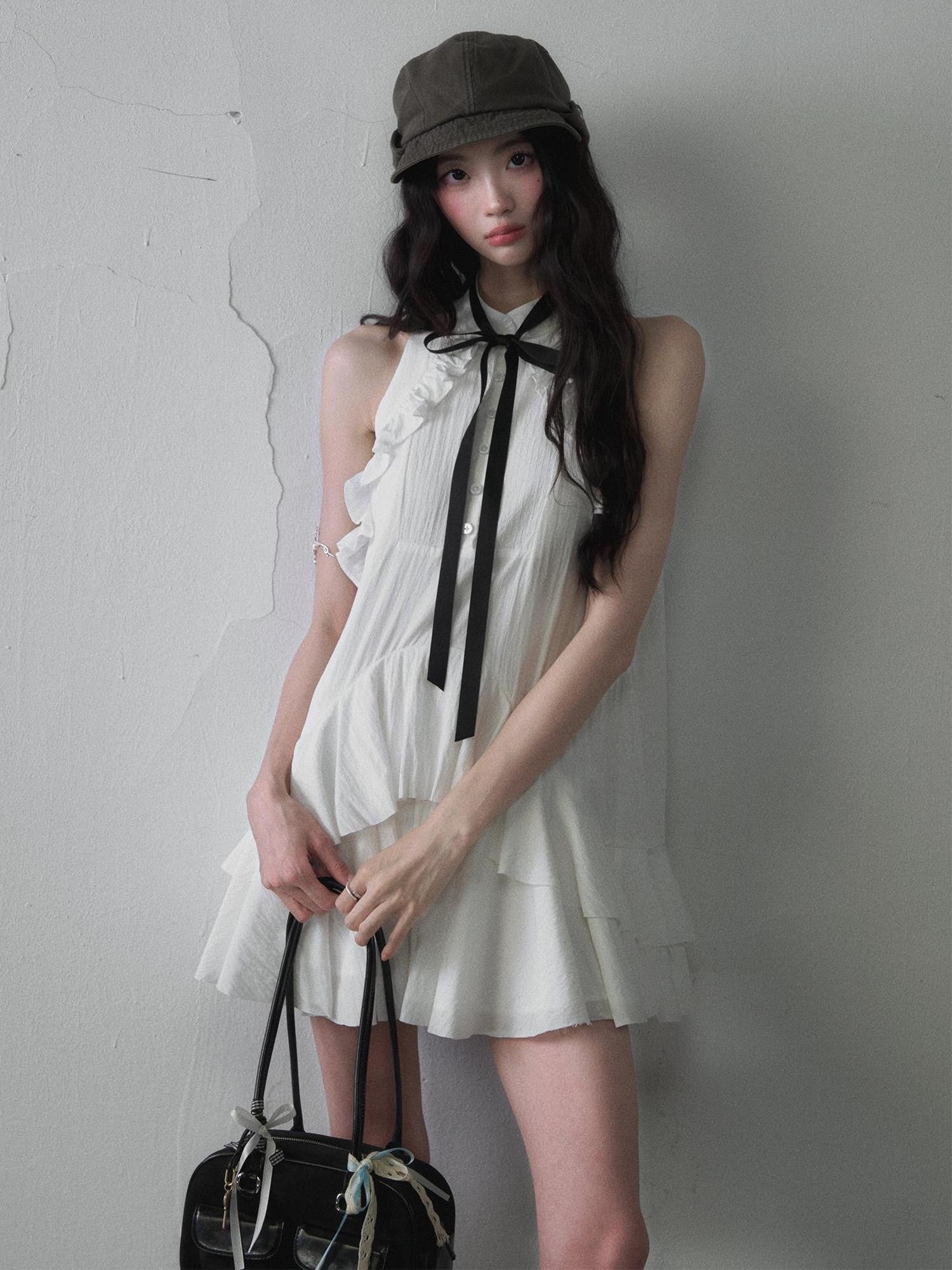 1P STUDIO White Ruffle Bow Tie Shirt Collar Women&
