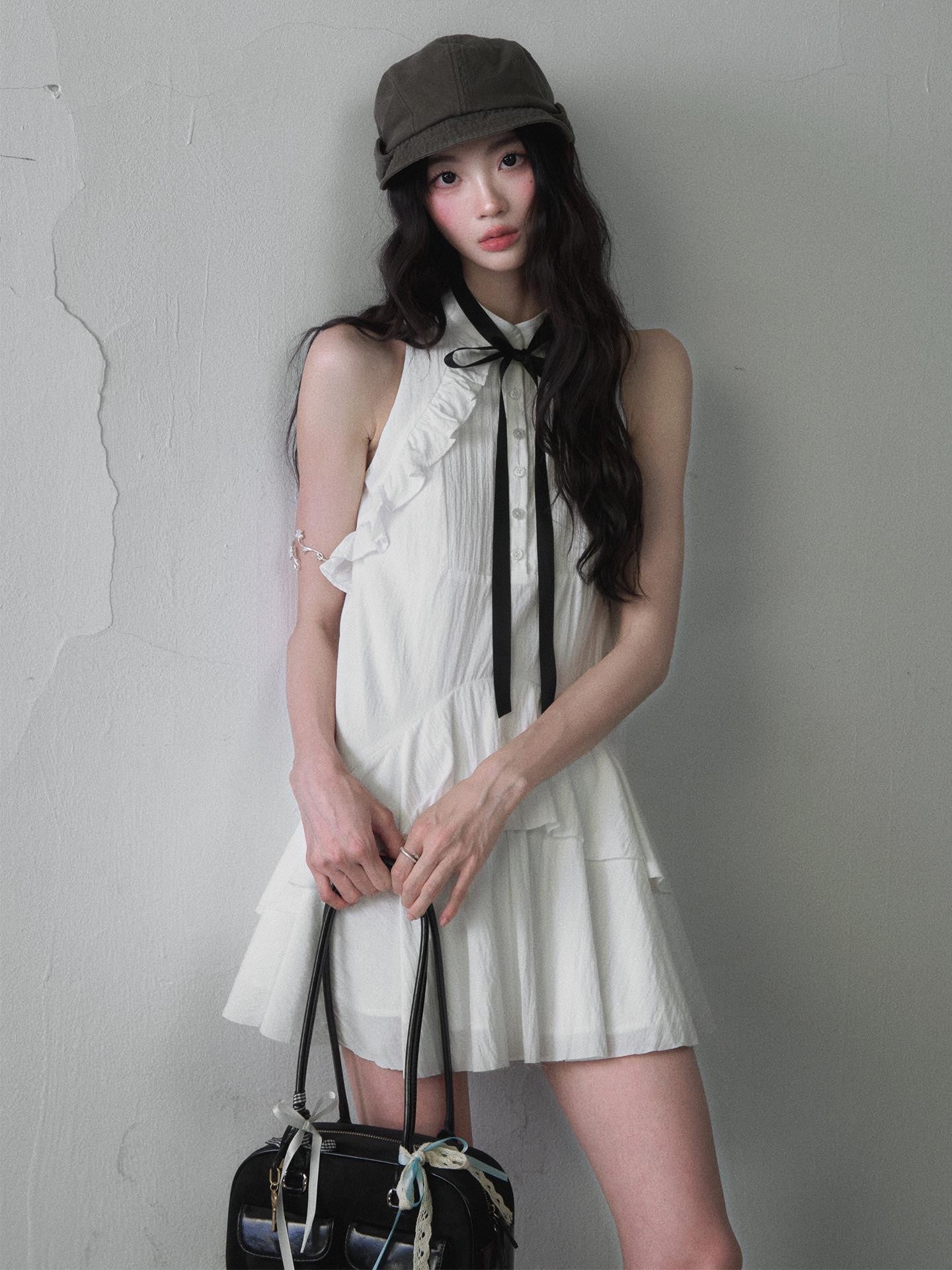 1P STUDIO White Ruffle Bow Tie Shirt Collar Women&