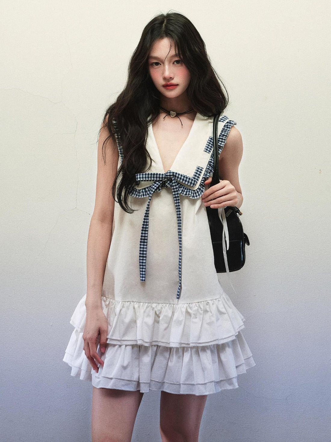1P STUDIO White Sailor Collar Tie Double Ruffle A Line Women&
