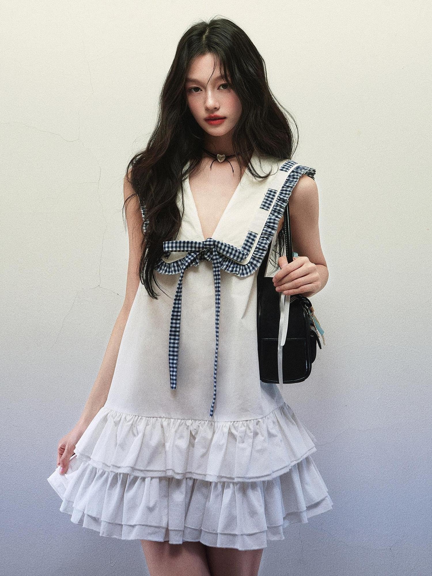 1P STUDIO White Sailor Collar Tie Double Ruffle A Line Women&