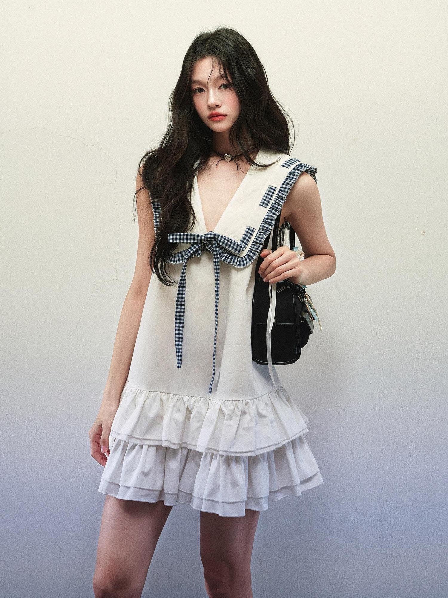 1P STUDIO White Sailor Collar Tie Double Ruffle A Line Women&