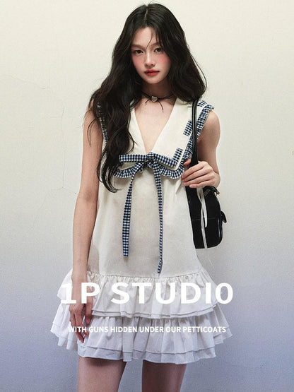 1P STUDIO White Sailor Collar Tie Double Ruffle A Line Women&