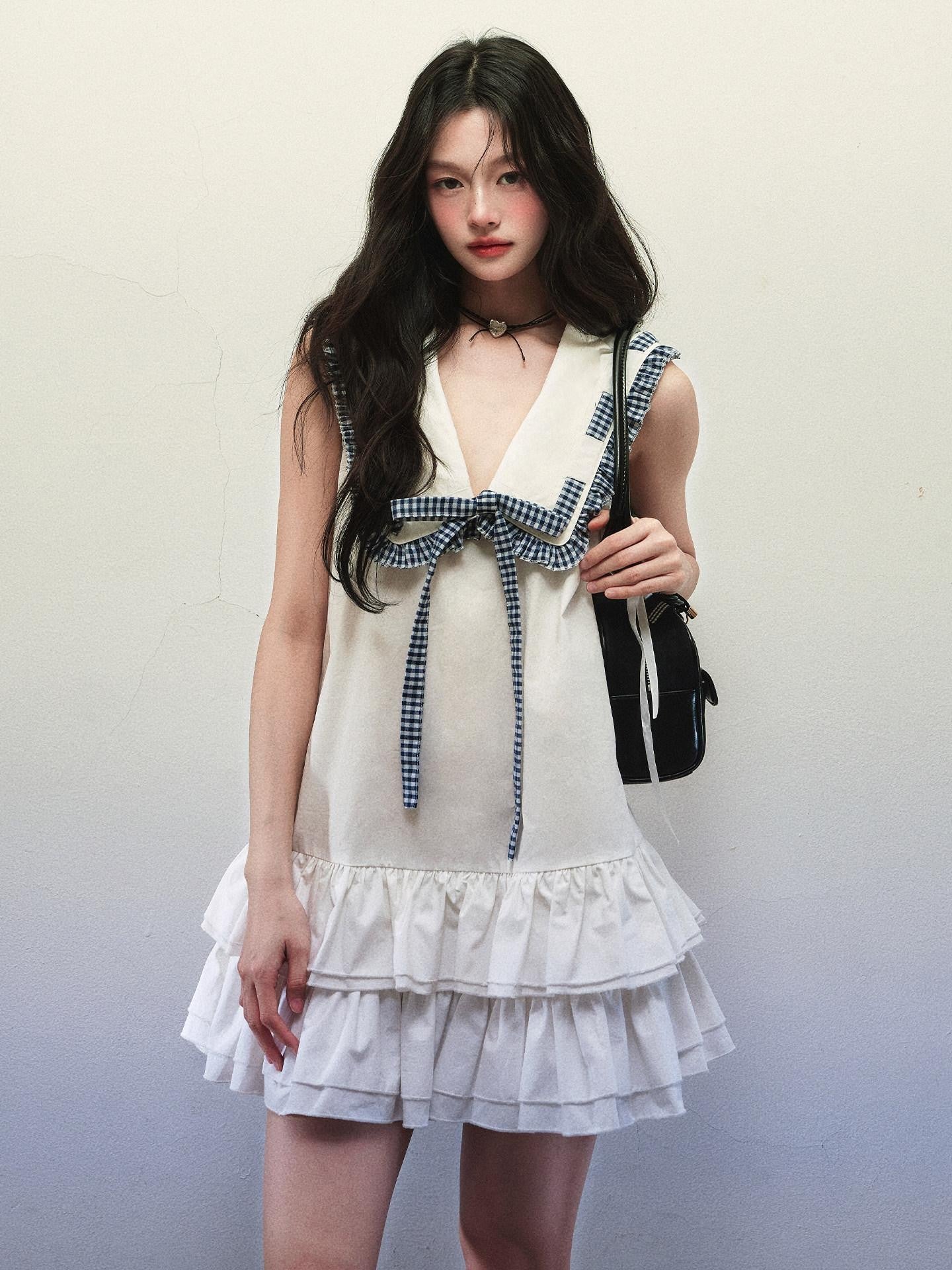 1P STUDIO White Sailor Collar Tie Double Ruffle A Line Women&