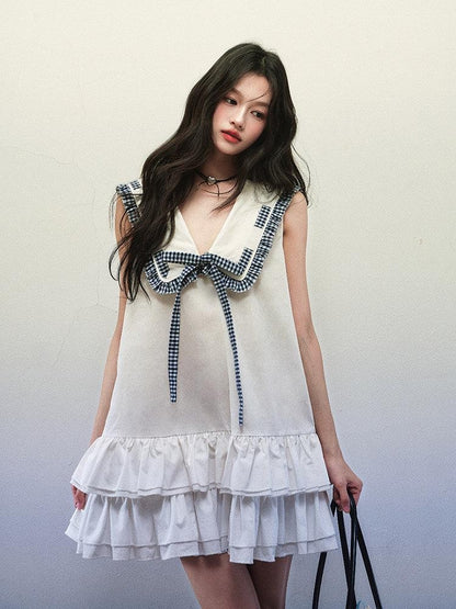 1P STUDIO White Sailor Collar Tie Double Ruffle A Line Women&