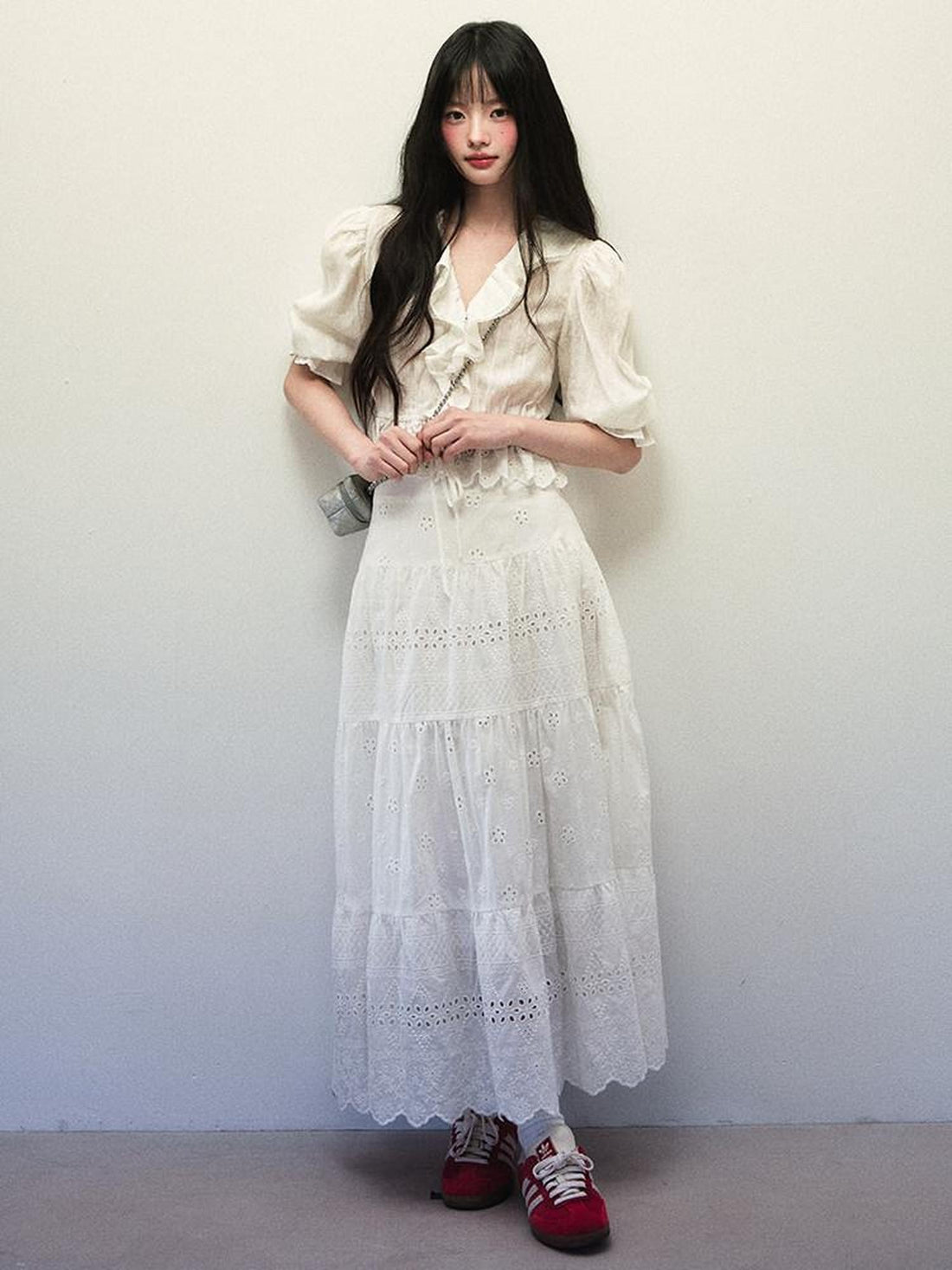1P STUDIO White Textured Puff Sleeve Eyelet Embroidered Women&