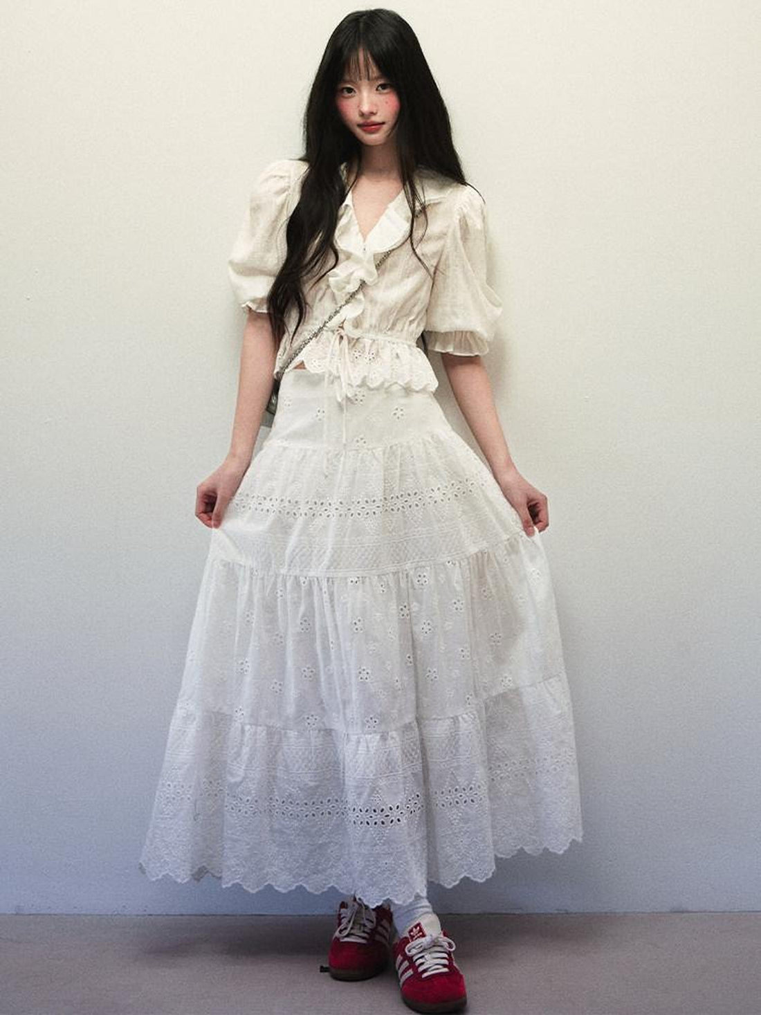 1P STUDIO White Textured Puff Sleeve Eyelet Embroidered Women&
