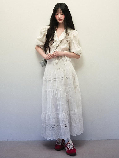 1P STUDIO White Textured Puff Sleeve Eyelet Embroidered Women&
