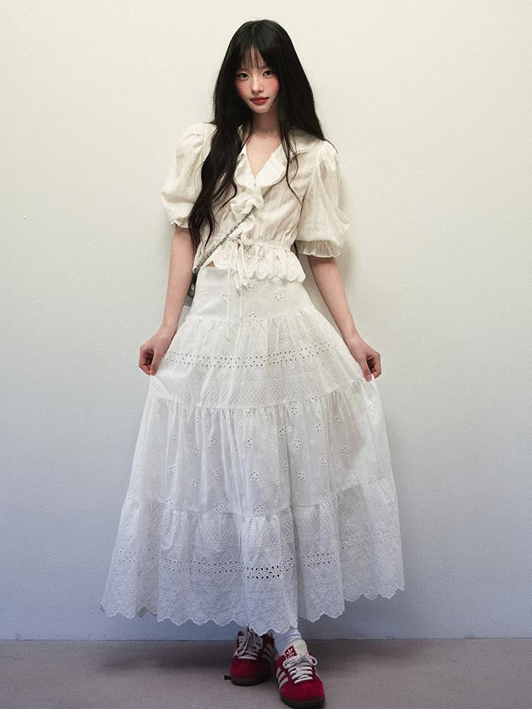 1P STUDIO White Textured Puff Sleeve Eyelet Embroidered Women&