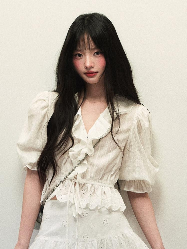 1P STUDIO White Textured Puff Sleeve Eyelet Embroidered Women&