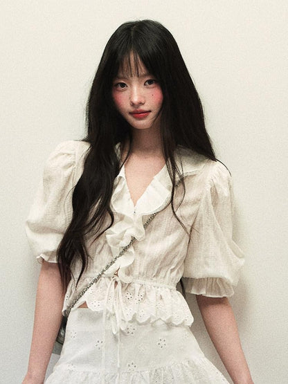 1P STUDIO White Textured Puff Sleeve Eyelet Embroidered Women&