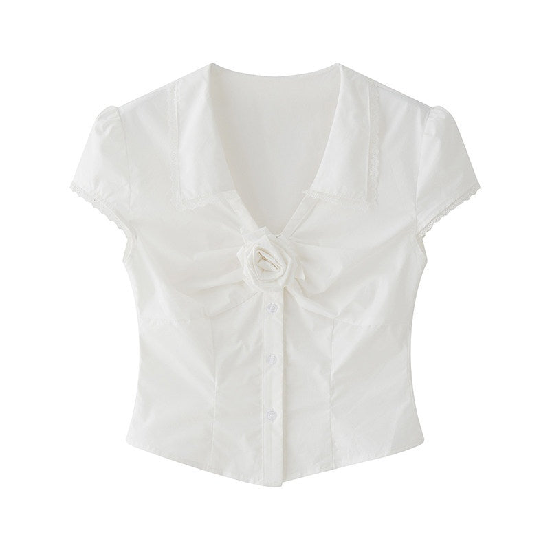 1P_STUDIO_White_V-neck_Tie_Ruched_Button_Short_Sleeve_Women&