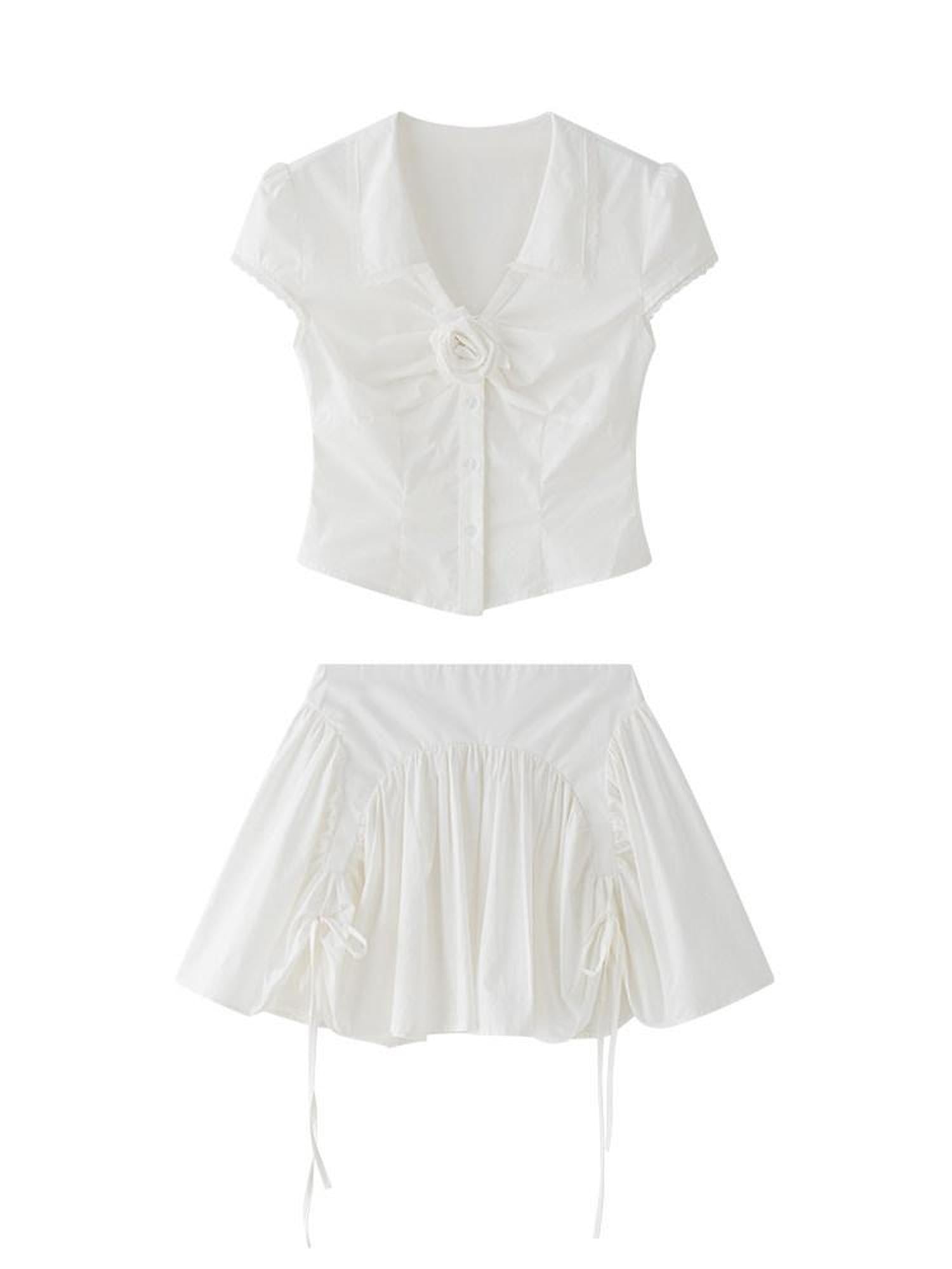 1P STUDIO White V-neck Tie Ruched Button Short Sleeve Women&
