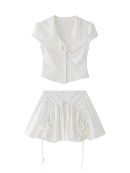 1P STUDIO White V-neck Tie Ruched Button Short Sleeve Women&