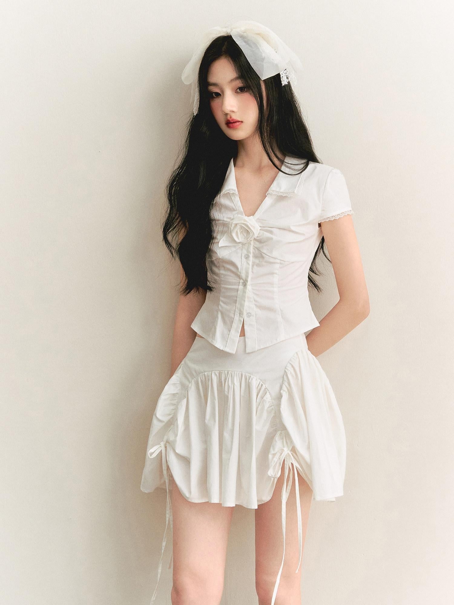 1P STUDIO White V-neck Tie Ruched Button Short Sleeve Women&